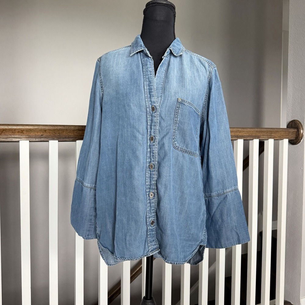 Cloth & Stone 3/4 Sleeve Chambray Button Up Shirt Top Medium Blue Tencel Lovell